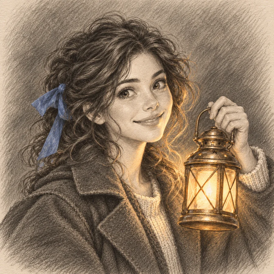 A pencil drawing of Ida, smiling, holding up her glowing brass lantern, a blue ribbon in her hair.