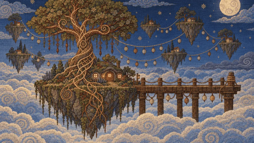 The great tree of Tetherwick asleep under the moon, with lanterns strung between the floating isles.
