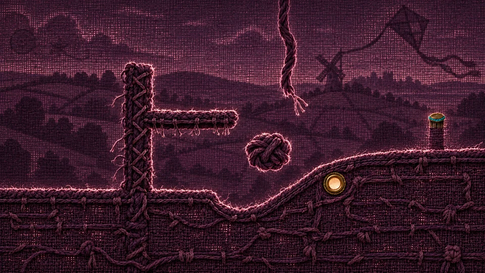 The same meadow from the wrong side: dark woven cloth, seams, a loose knot and glowing threads.