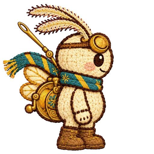 Bobbin: a round, fuzzy moth-folk with feathery antennae, amber goggles, a striped scarf and a brass reel on her back.