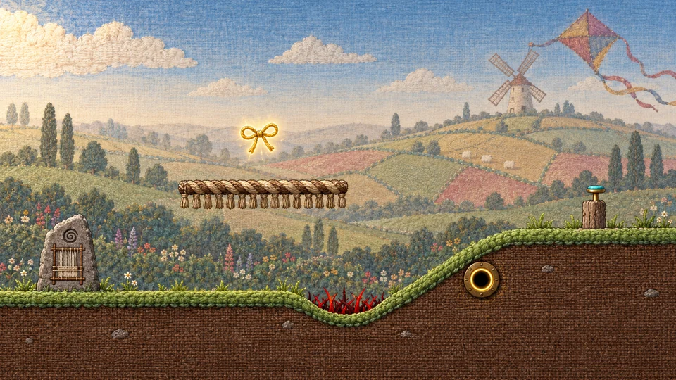 Patchwork Downs, the right side: green hills, a windmill, a kite and a brass eyelet in the grass.