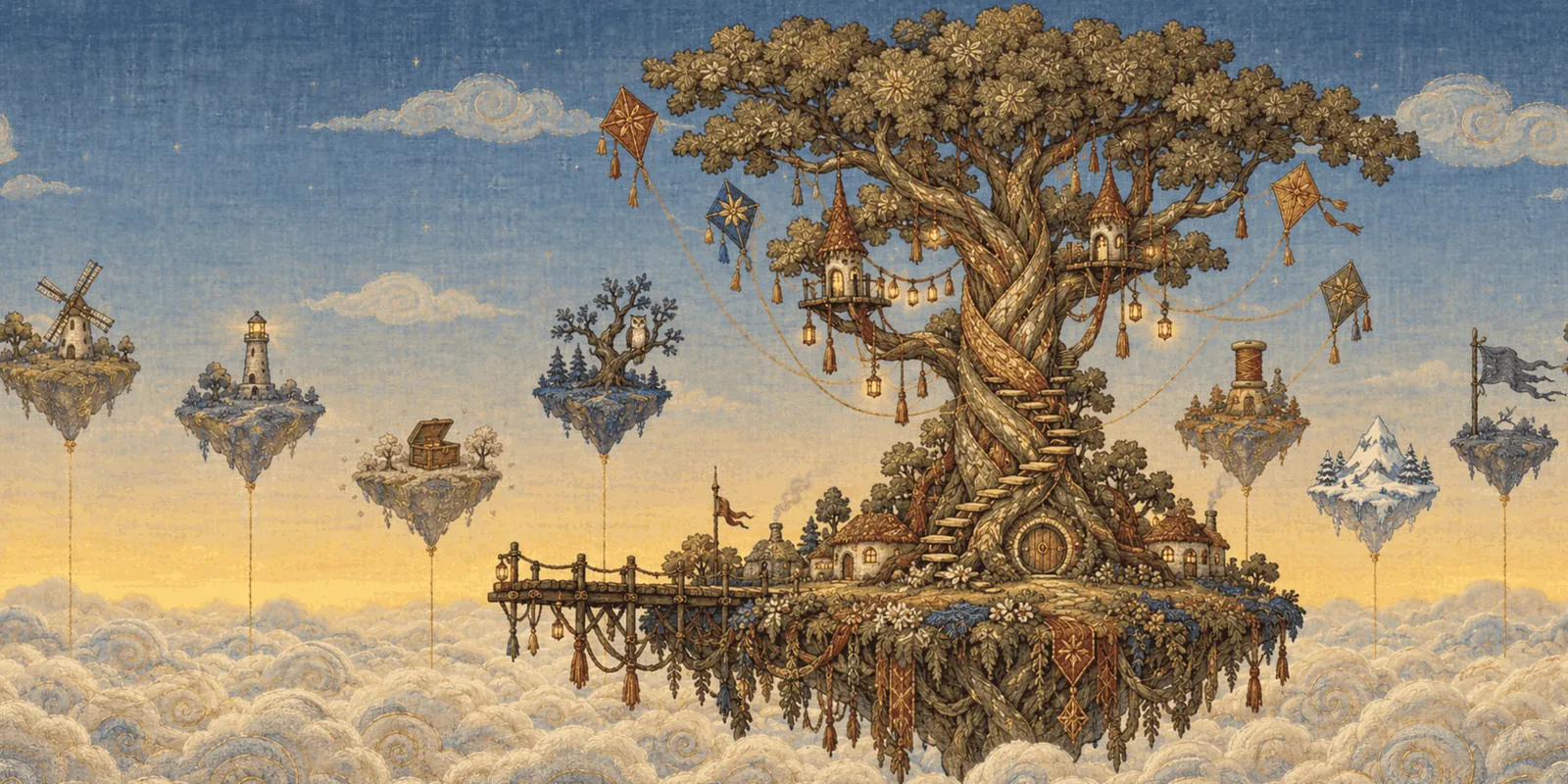 Tetherwick: a great tree on a floating isle above the clouds at dawn, with kites and sky-isles all around.